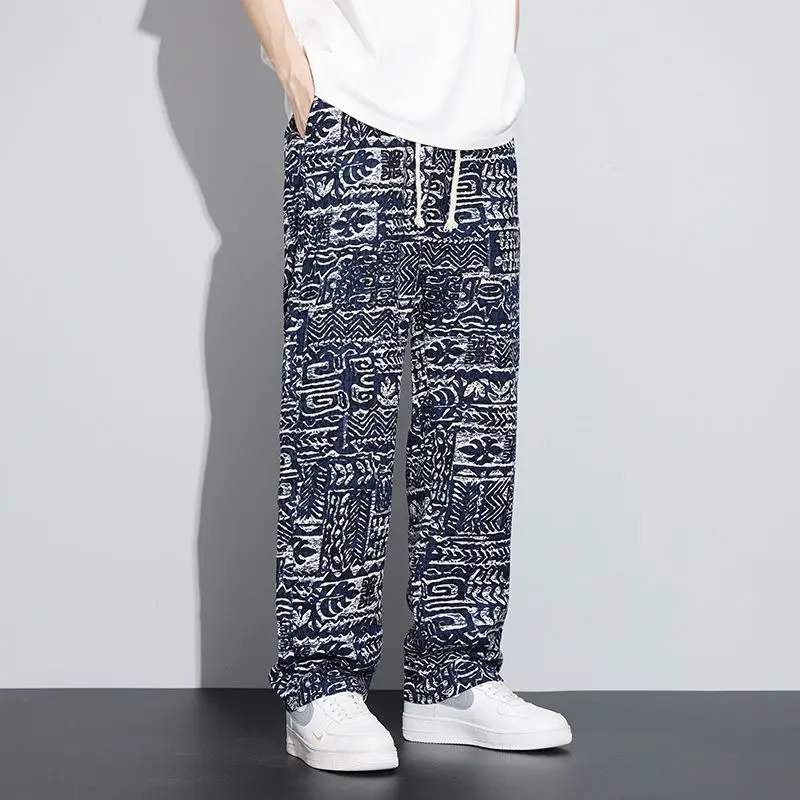 Korean Fashion Men Clothing Loose Straight Pants Summer Streetwear Casual Print Elastic Waist Drawstring Versatile Thin Trousers