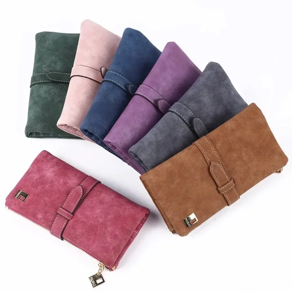 2024 New Fashion Women Wallets Drawstring Nubuck Leather Zipper Wallet Women's Long Design Purse Two Fold More Color Clutch