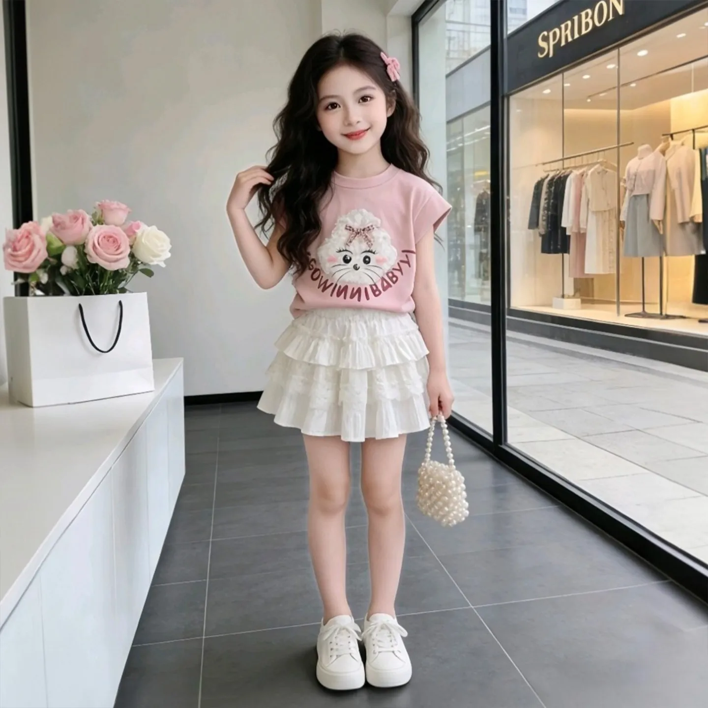 Girls Summer Outfit Short Sleeve T-Shirt And Skirt Set Two Pieces Casual Style Children's Fashion Trendy Clothing for Kids - 2