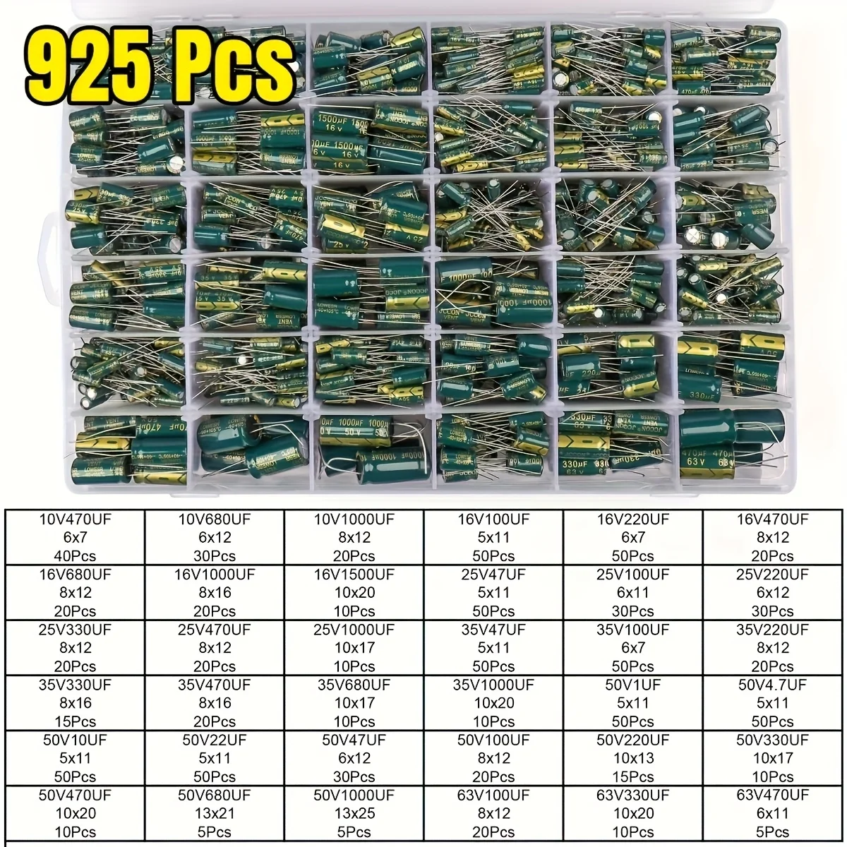 925Pcs 36 값 알루미늄 전해 커패시터 분류 키트 낮은 ESR 1uF 4.7uF 10uF 22uF 47uF 100uF 220uF 330uF 470uF