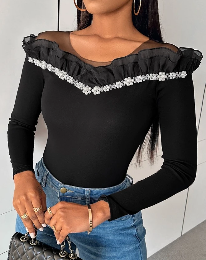 Elegant Blouse for Women 2024 Spring Slash Neck Ruffled Beading Rhinestone Floral Pattern Beaded Ruffle Hem Skinny Top Pullover