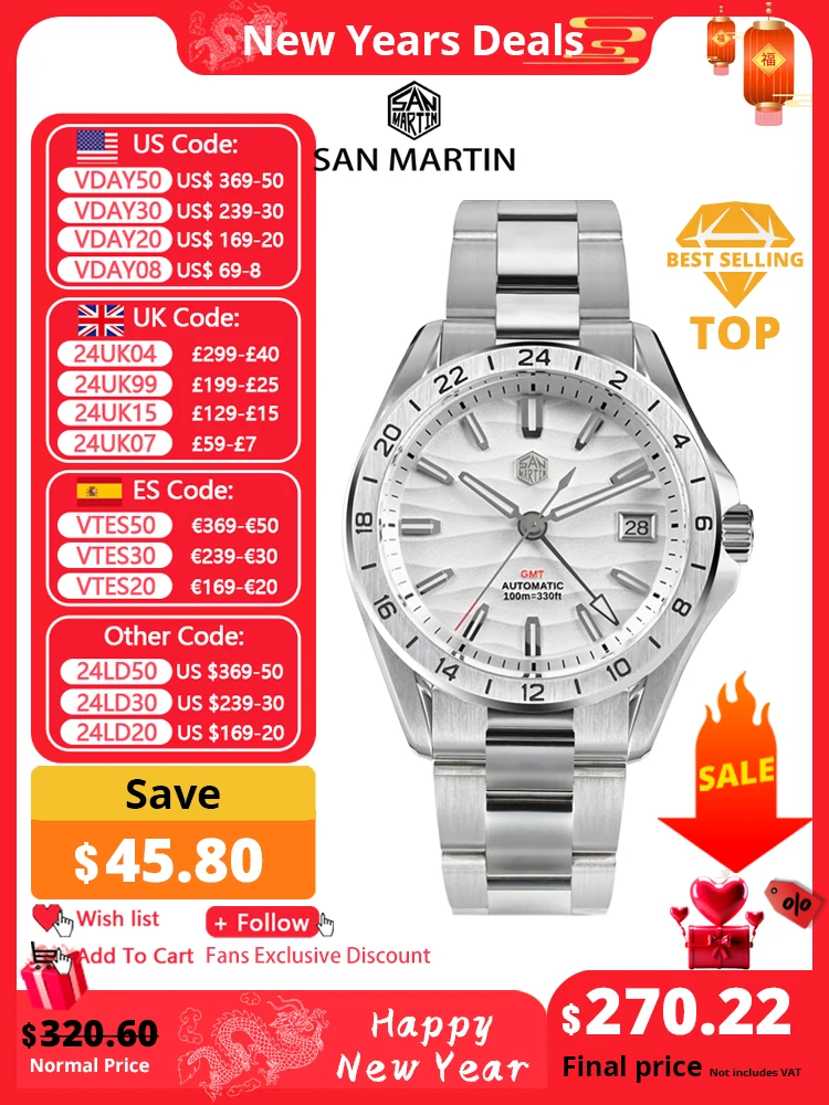 San Martin New 39Mm Desert Texture Luxury Men Business Dress Gmt Watch Nh34 Automatico Meccanico Impermeabile 100M Luminoso Sn0129