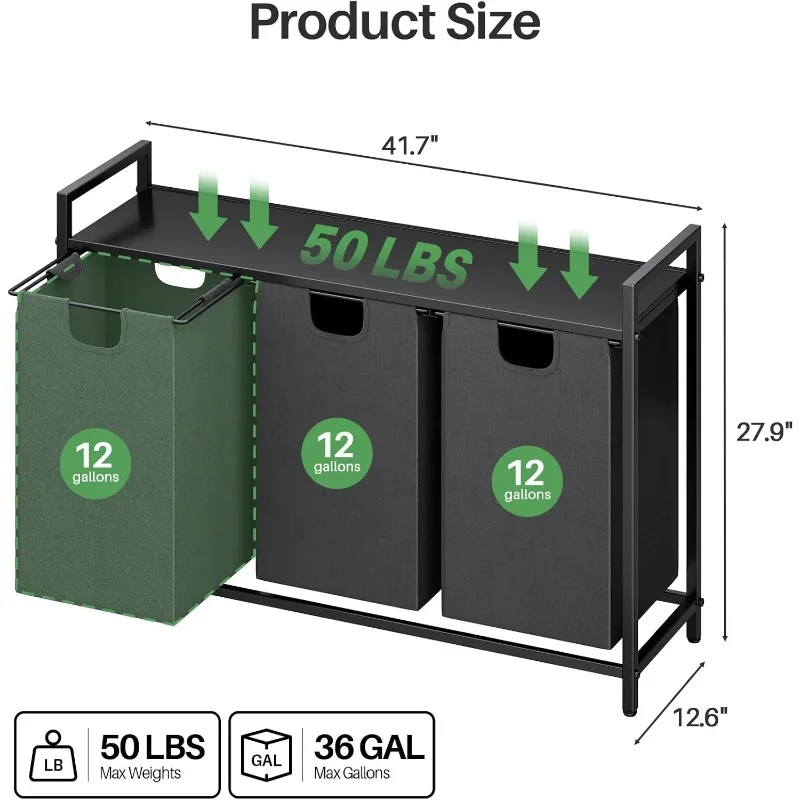 Laundry Hamper with Shelf - Laundry Basket Organizer with 3 Pull-Out Removable Bags Laundry Sorter Dirty Clothes Hamper. 2
