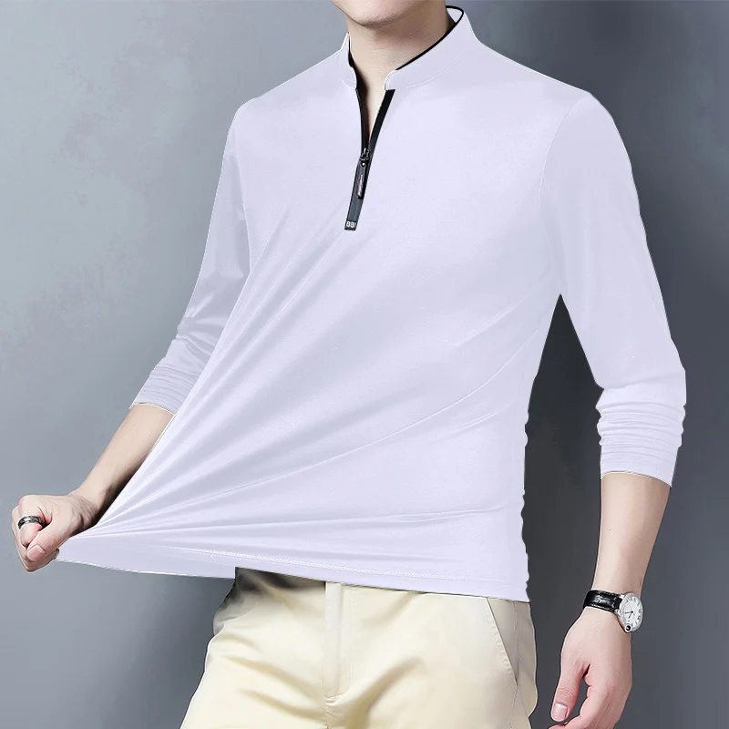 2025, lässiges, modisches, einfarbiges Langarm-Poloshirt für Herren, Stehkragen, vielseitiges, bequemes Oberteil – Detail 31