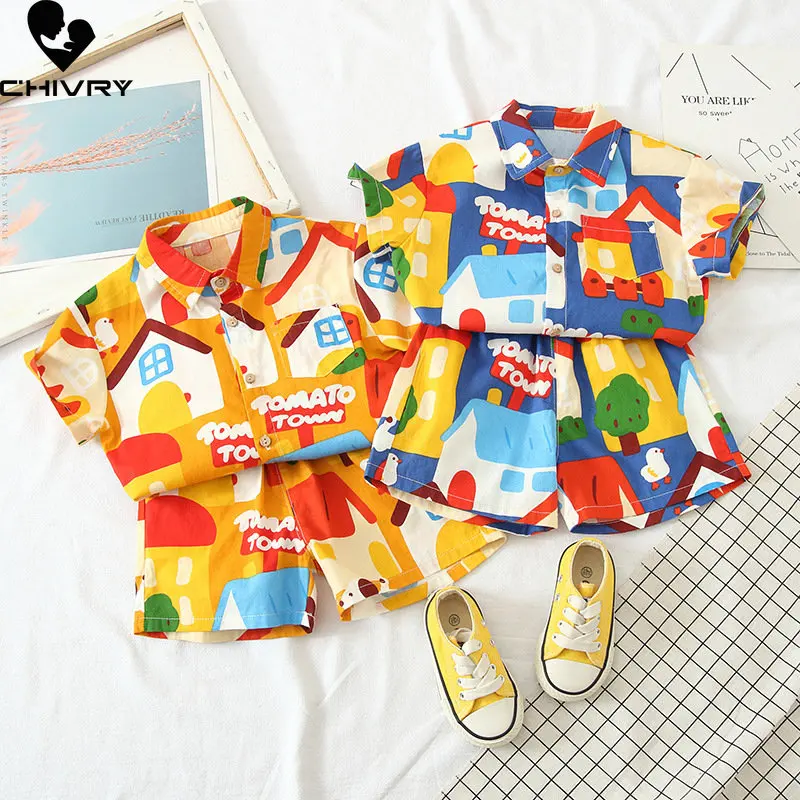 

New 2023 Baby Boy Summer Short Sleeve Lapel Cute Cartoon House Shirt Tops with Shorts Toddler Boys Fashion Beach Clothing Sets