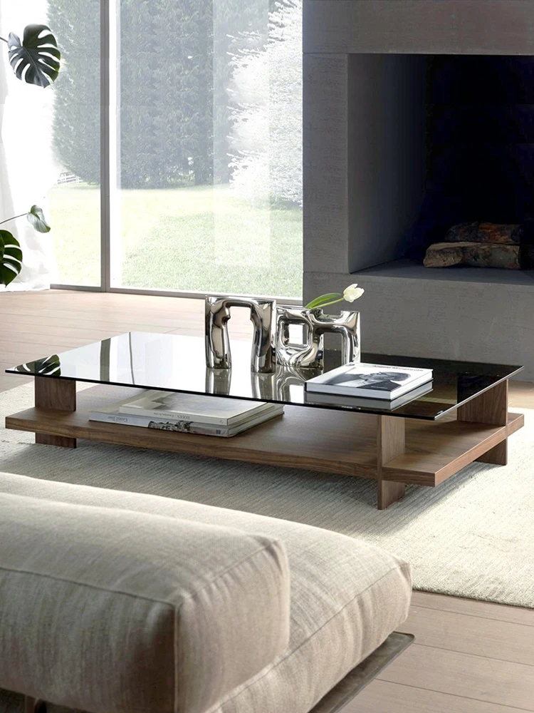 

Italian high quality luxury square transparent coffee table designer's quiet style walnut tempered glass creative coffee table