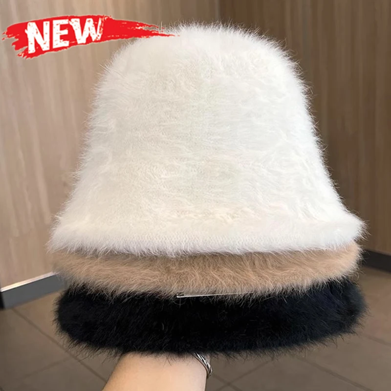 

Winter Artificial Rabbit Fur Bucket Hats for Women Girls Outdoor Thickened Warm Panama Solid Color Foldable Furry Fisherman Caps