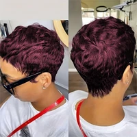 Perruque courte coupe lutin cheveux humains pour femmes perruques fabriquées à la Machine avec frange perruque colorée 180 densité 4