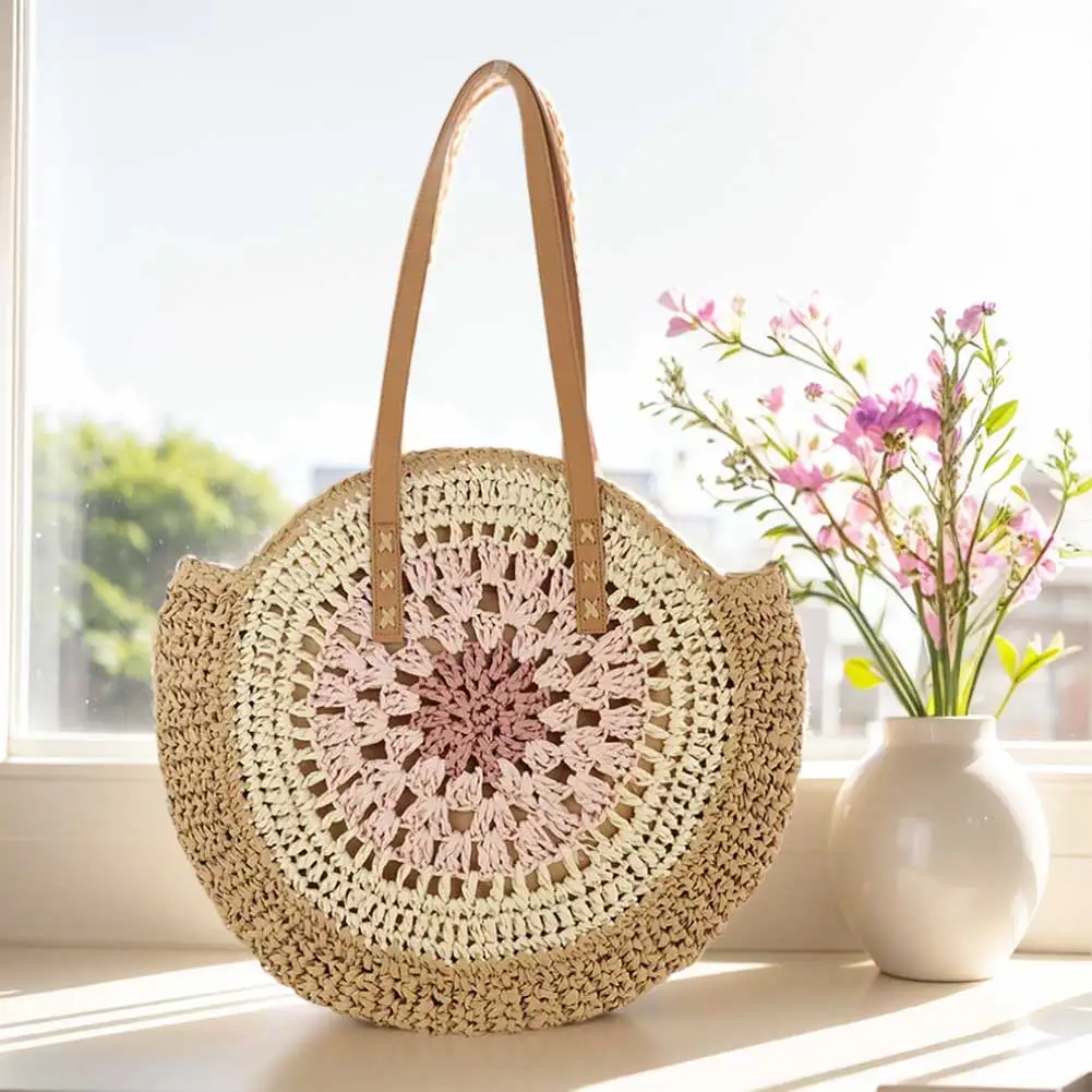Stylish Round Beach Shoulder Bag with Zipper Closure Eco-Friendly Summer Straw Tote for Women and Girls
