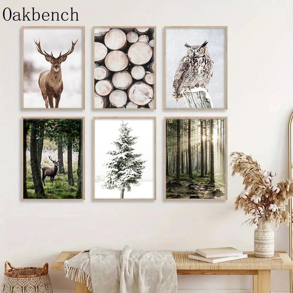 

Деревянная настенная живопись, Лесной холст, олень, сова, печатные картины, снежный пейзаж, настенные картины, скандинавские постеры, украшение для гостиной