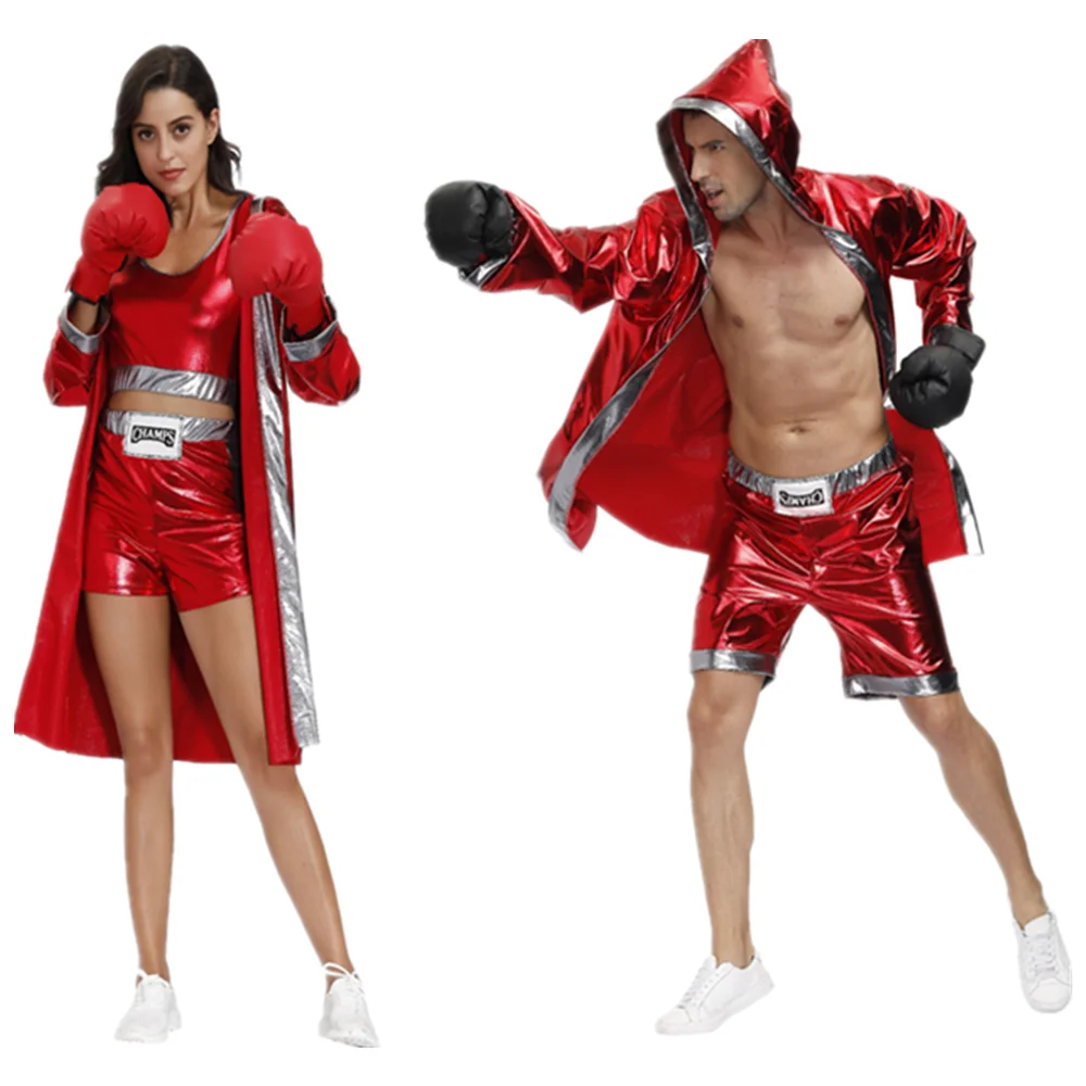 

Red Boxer Costumes Sexy Boxing Uniform Suit Male Women Carnival Halloween Party Cosplay Clothes Hooded Cloak Robe Top Shorts Set