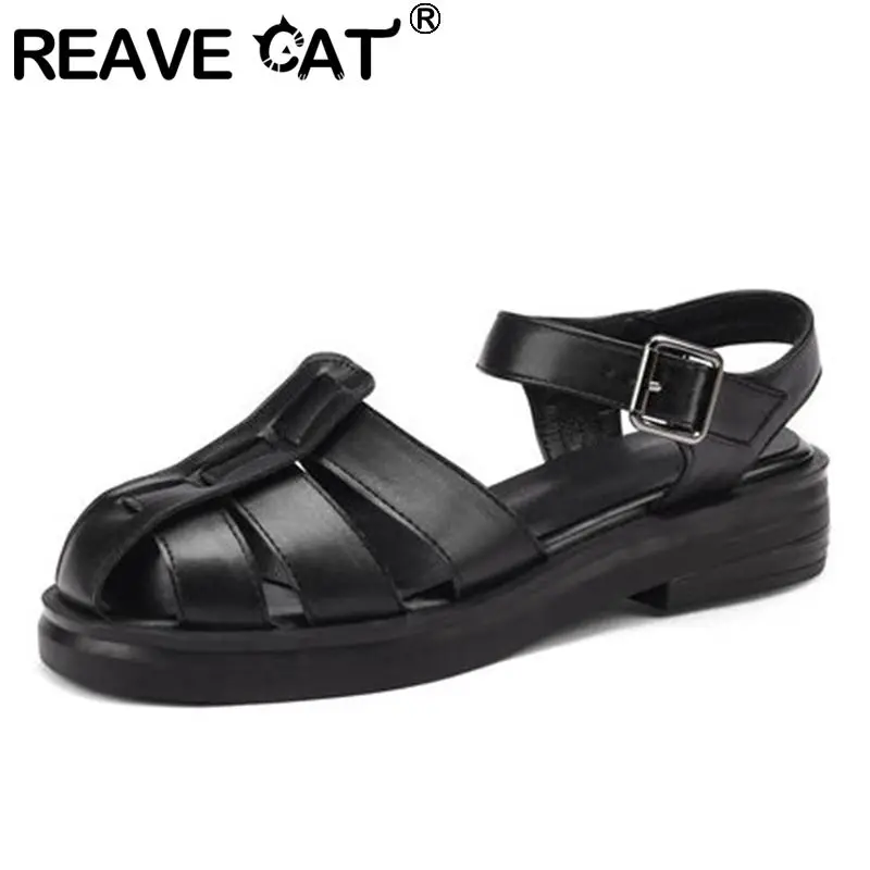 

Женские босоножки с круглым носком REAVE CAT, летние римские сандалии больших размеров 33-43 с ремешком в клетку и пряжкой, бежевые и черные сандалии для отдыха, S3601