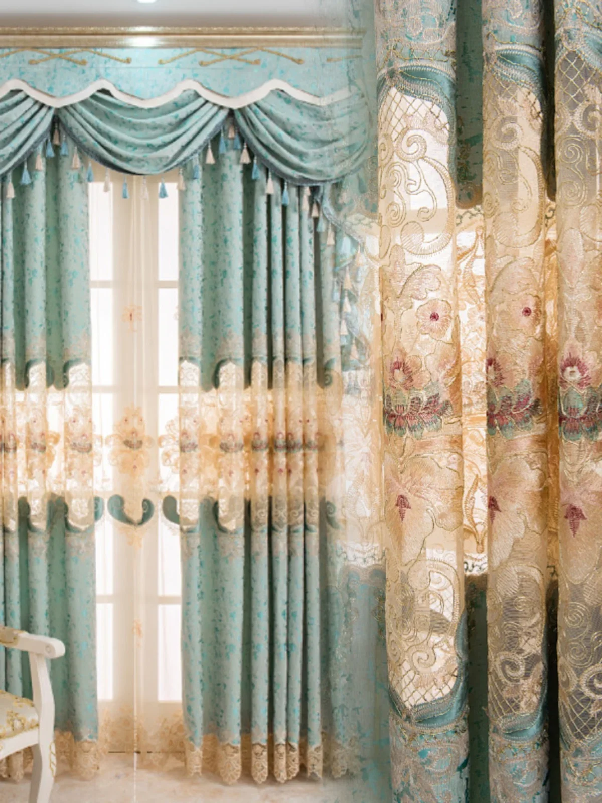 Chenille Cashmere Hollow Out Embroidered Window Screen Green Jacquard Thickened Curtains for Living Room Bedroom French Window 2