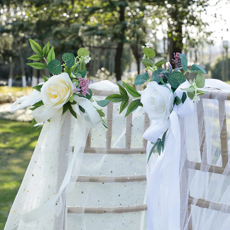 

Artificial Flower Bouquet Ribbon Chair Back Sashes Wedding Festival Party Decoration Aisle Bench Photography Ornament