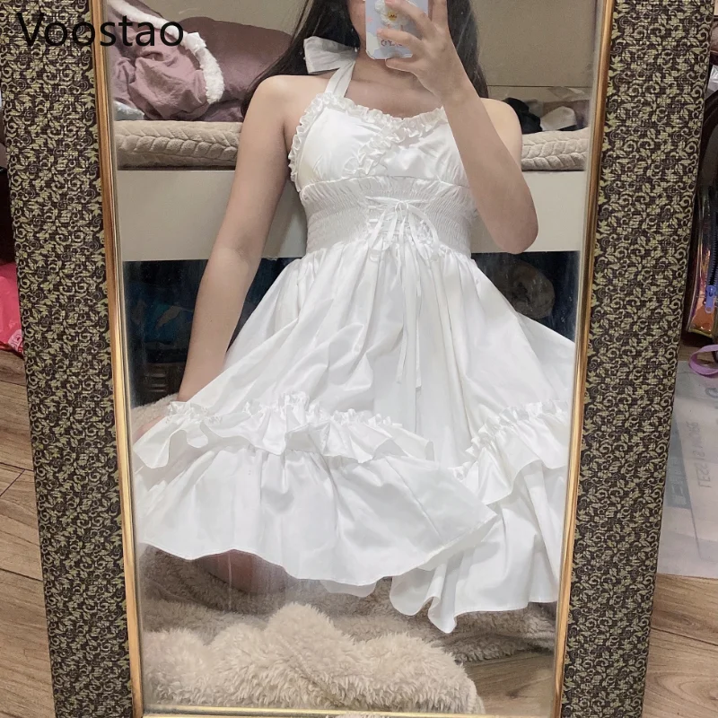 Vintage Lolita Jsk Dress Women Sweet Princess Dancing Party Slim Dresses Girly Cute Ruffles Halter Collar Wedding Dress