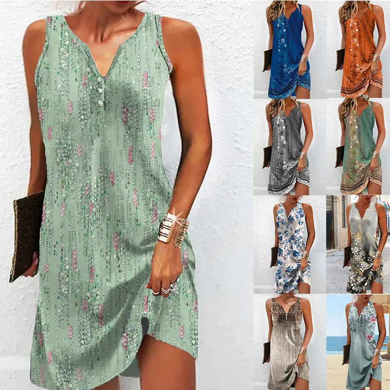 

Fashion Women's Summer V Neck Casual Elegant Vest Dress Floral Printing Y2k Vintage Vestidos Sleeveless Beach Party Boho Dresses