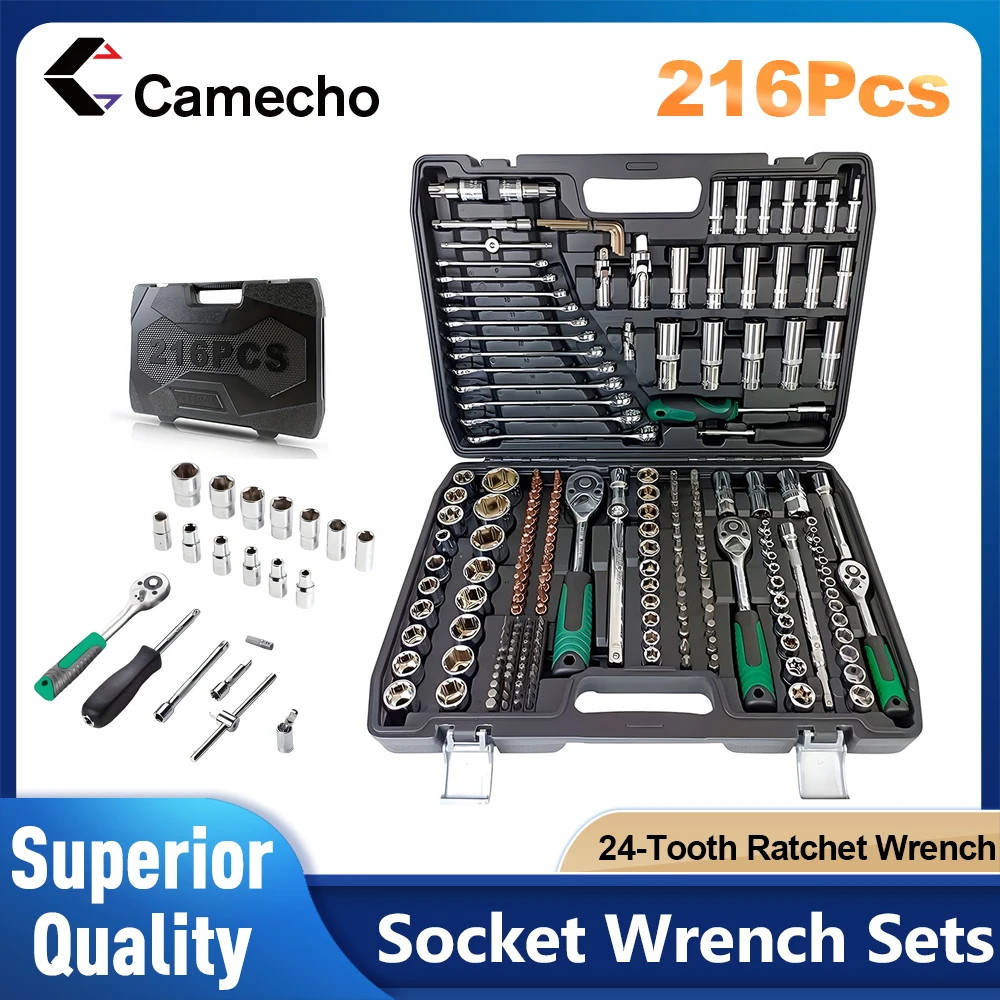 Camecho 216 Piece Mechanic Tool Set 1/4″ 3/8″ 1/2″ Socket Wrench Sets with 24-Tooth Ratchet Wrench Kit for Automotive Motorcycle Camecho 216 Piece Mechanic Tool Set 1/4″ 3/8″ 1/2″ Socket Wrench Sets with 24-Tooth Ratchet Wrench Kit for Automotive Motorcycle