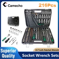 Camecho 216 Piece Mechanic Tool Set 1/4″ 3/8″ 1/2″ Socket Wrench Sets with 24-Tooth Ratchet Wrench Kit for Automotive Motorcycle