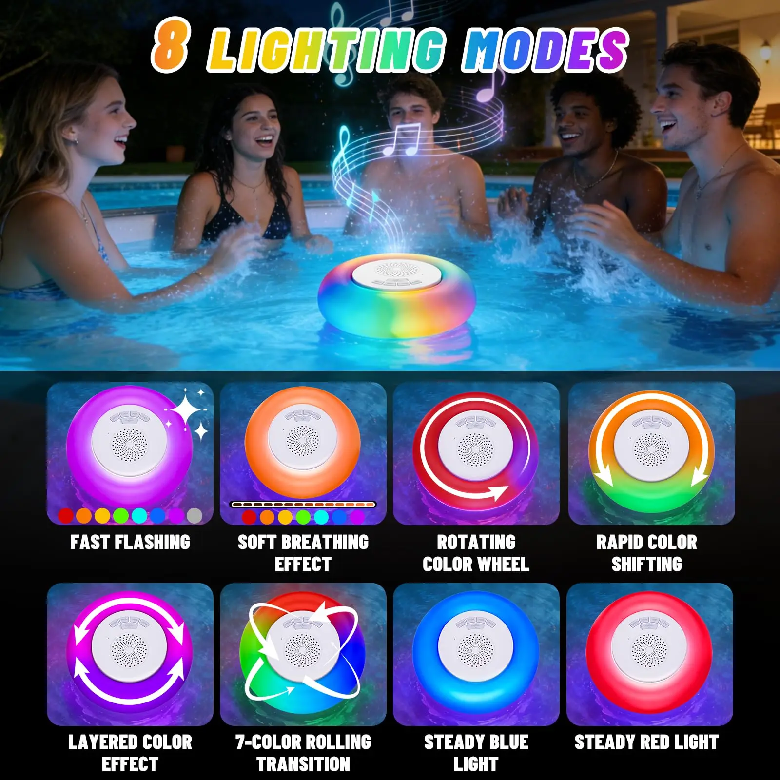 블루투스 스피커가 포함된 플로팅 풀 조명 2팩, IP68 RGB LED 2-in-1, 360 ° 수영장 스파 야외 파티를 위한 서라운드 사운드