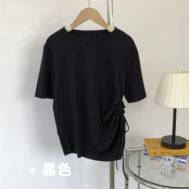 

2024 new2023 Summer round neck irregular drawstring knot short-sleeved T-shirt solid color casual half-sleeved top gray22