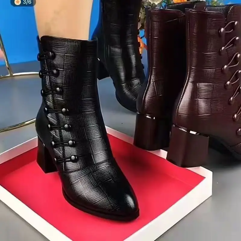 Women Ankle Boots Winter Warm Side Button Ethnic High Heel Booties