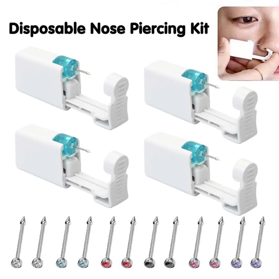 Self Hypoallergenic Nose Piercing Kit 4PCS Disposable Nose Piercing Gun with Built-in Studs