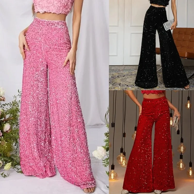 Shiny high waisted slimming wide leg pants for women's fashionable elastic high waisted pants for party casual street wear YDL28