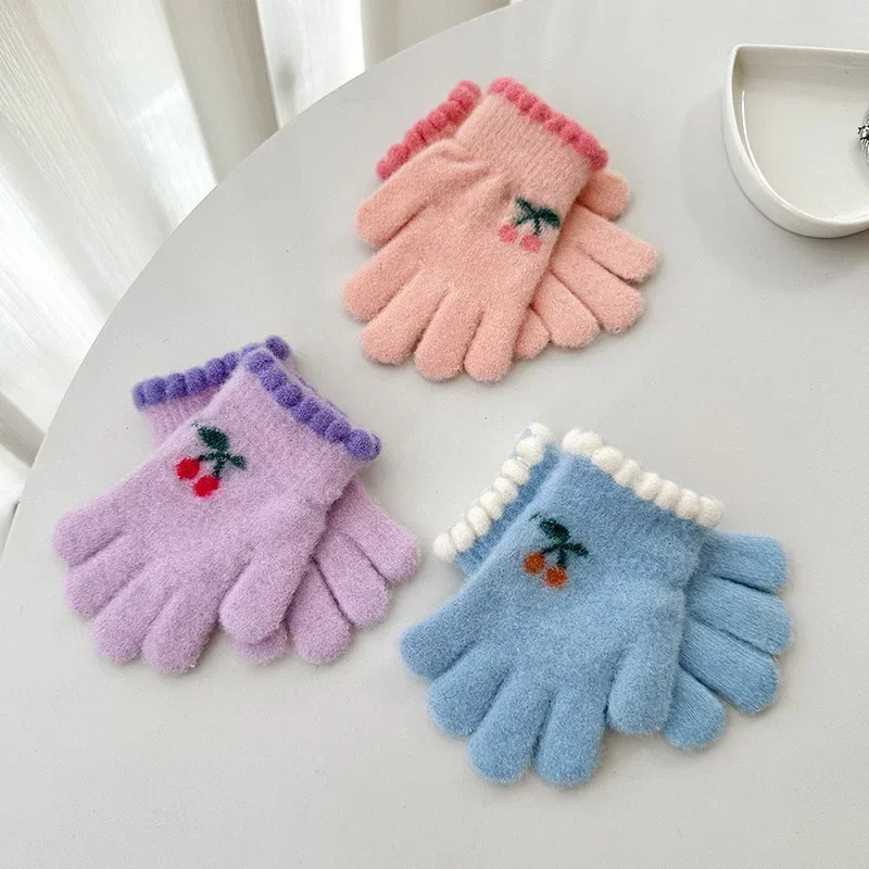 Korean Sweet Cherry Children Kids Warm Gloves Winter Windproof Thicken Boys Girls Kids Cycling Mittens Cute Fashion Baby Gloves