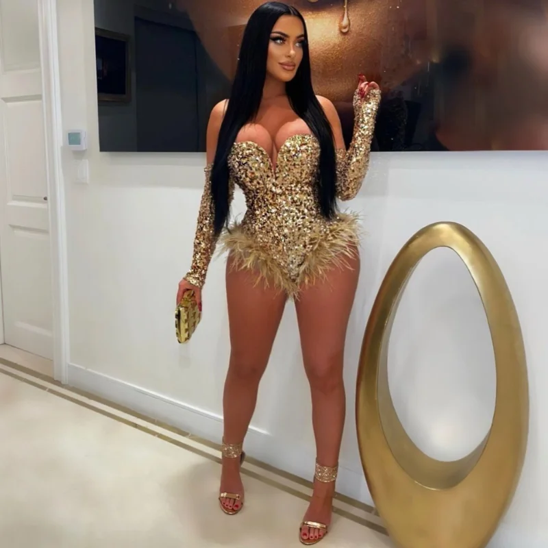 

KEXU Women Sexy Sparkly Sequin Bodysuit Party Nightclub Dancing One Pieces Romper Elegant Feathers Festival Outfit Body Feminino
