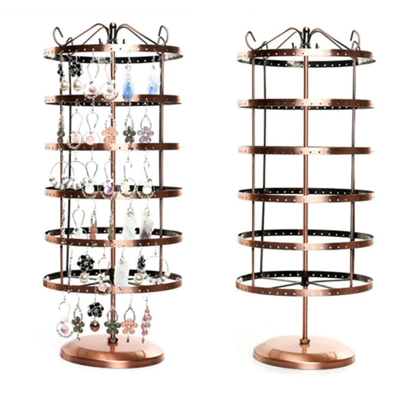 6 Layers Rotating Iron  Earring Holder with 288 Holes Circular Storage Organizer for Necklace Pendant Jewelry Display Rack custom hexagonal low speed motor 4 layers glass shelves rotating jewelry glass display case with led lighting