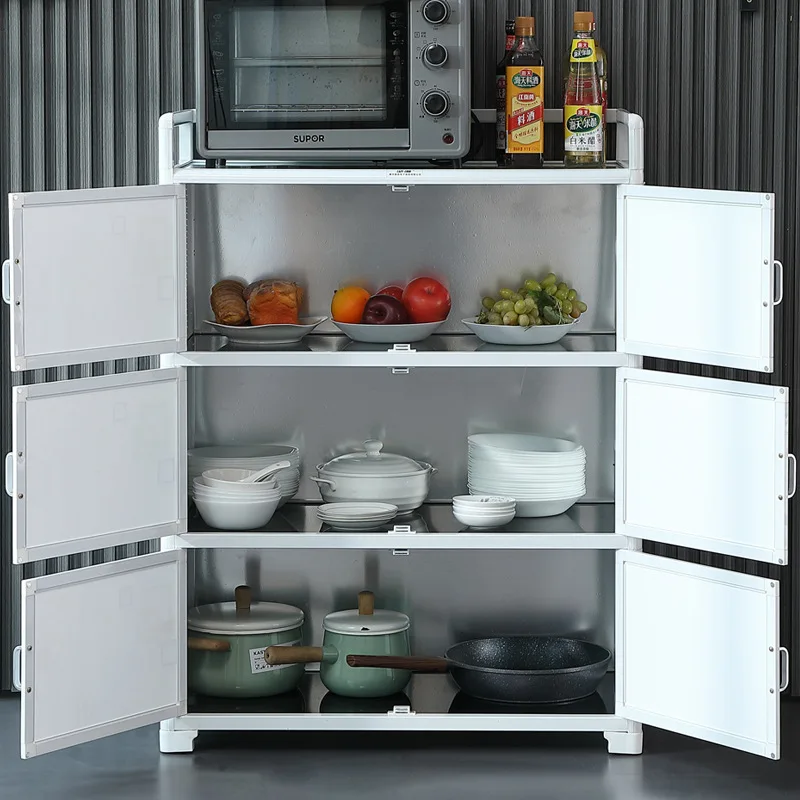 Aluminum Alloy Kitchen Cabinet Storage Sideboard with Tempered Glass Doors Kitchen Cupboard Pantry Organizer Furniture