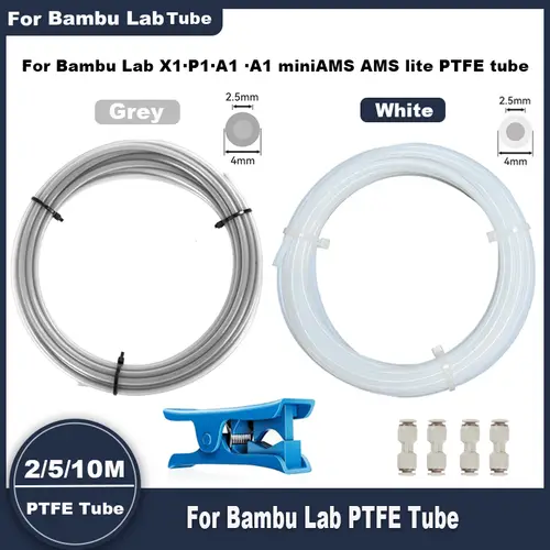 PTFE Tube 2.5mm X 4mm 5M for Bambu Lab X1/X1C/P1P/P1S/A1/A1 Mini/AMS/AMS Lite with Cutter Connectors, 3D Printer Filament Tubing