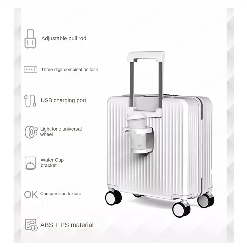 Front Open Luggage with USB Cup Holder Trolley Bag Aluminum Frame Suitcase Password Trunk Travel Bag Cabin Carry on Suitcases