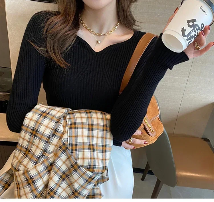 Women Slim V-Neck Bottoming Sweater Autumn Winter For Women Casual Pullovers Long Sleeve Knit Warm Office Sweater