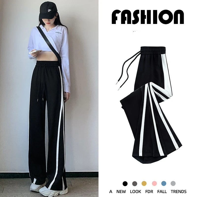 

Autumn Winter Loose Sports Pants Female Women Casual Straight-Leg High Waist Drape Side Striped Suit Wide Leg Pants Female