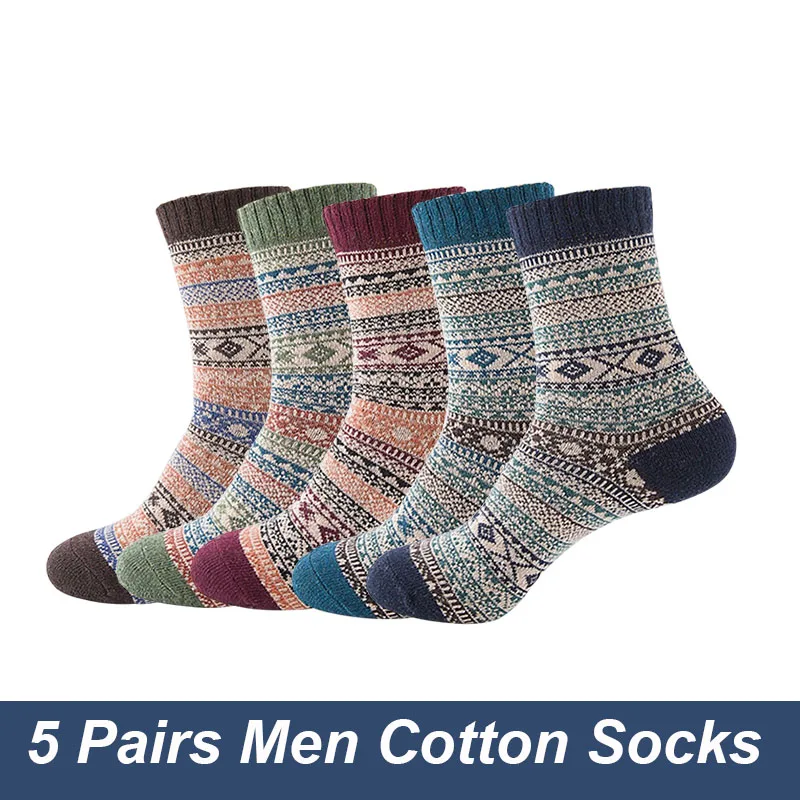 5 Pairs/Lot Autumn And Winter High Quality Men's Wool Socks Thickened Warm Breathable Soft Vintage Striped Midtube Socks EU38-43 3 1 pairs autumn winter women thick candy color angora wool socks ladies soft warm long haired rabbit wool short socks