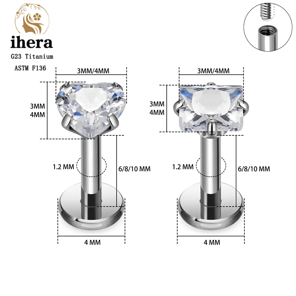 10PCS G23 티타늄 피어싱 Labret 립 링 하트 스터드 귀걸이 CZ 16G 내부 스레드 귀 Tragus 헬릭스 연골 피어싱 쥬얼리