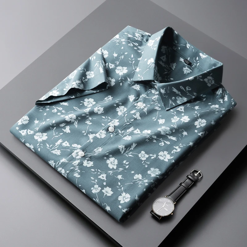 

Summer Korean Fashion Skinny Design Flower Print Short Sleeve Shirts Button Up Hawaiian Shirt