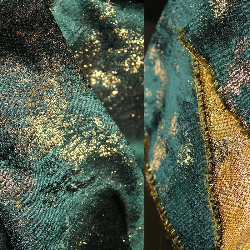 

High Quality DarkGreen Gold Embossed Jacquard Fabric Design Sewing Material Wedding Dress Garment Fabric 145cm Sold By Meter