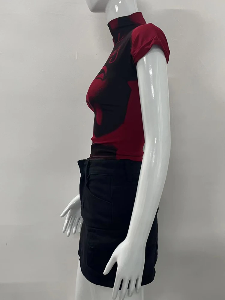 Aesthetic Short Sleeve T-shirt Summer Y2k Clothes Gothic Girl Crop Tops Print Vintage Women Casual Baby Tee Streetwear