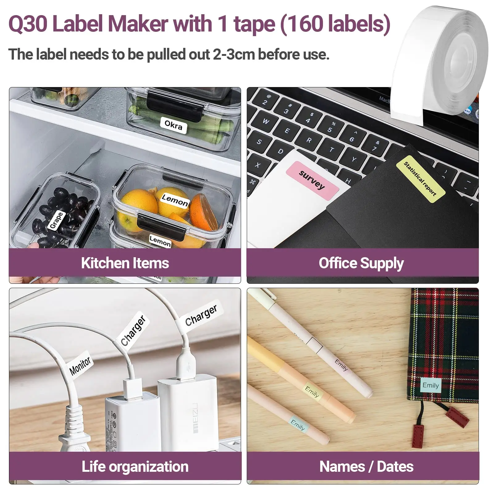 Phomemo-Q30 휴대용 무선 미니 감열식 라벨 메이커 프린터, 접착 스티커, 바코드 라벨링 기계, 학교, 홈, 오피스