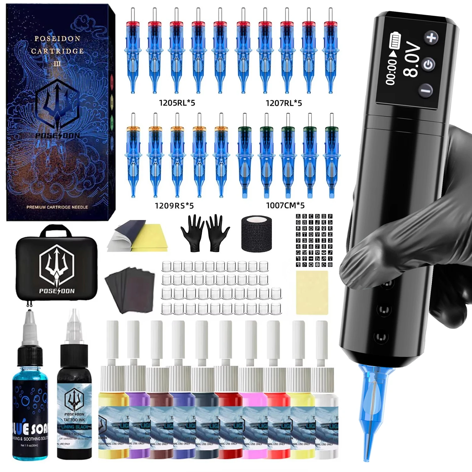 POSEIDON Tattoo Pen Kit Rotary Wireless Tattoo Machine Kit Coreless Motor Gun for Artist