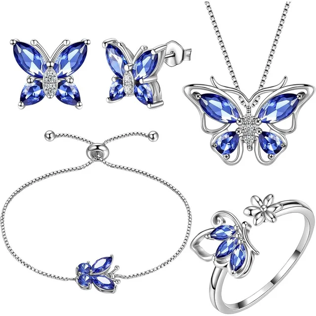 5pcs Butterfly Jewelry Set For Women Butterflies Birthstone Pendant Necklace/Earrings/Rings/Bracelet Wedding Gift 2