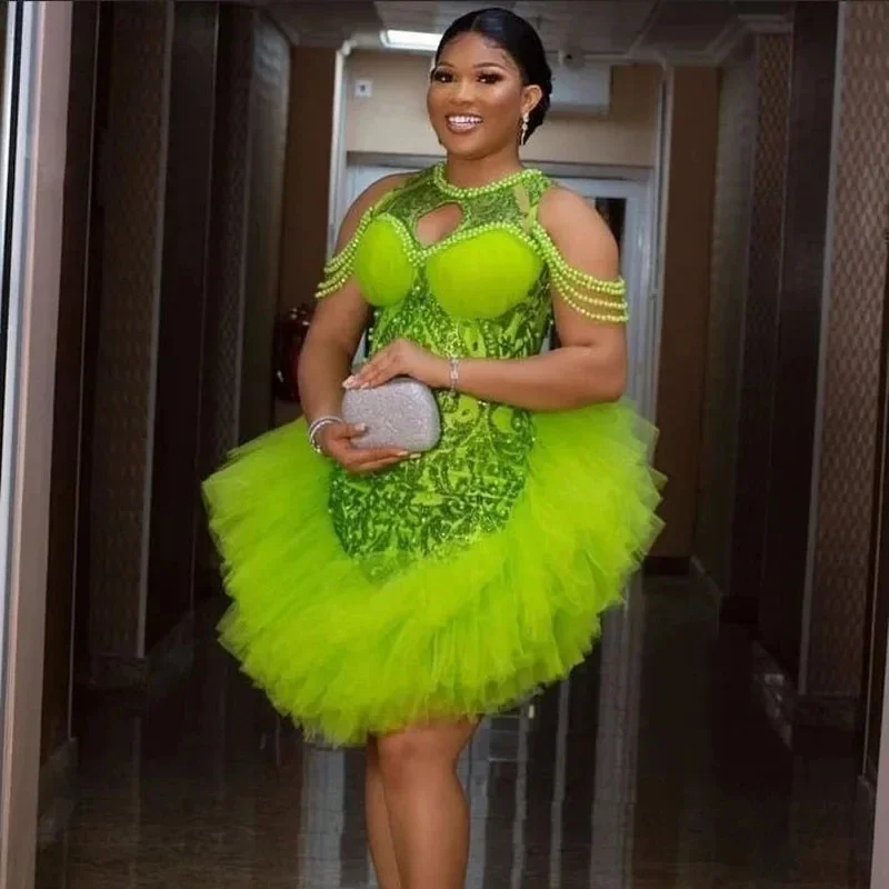 

Arabic Aso Ebi Short Evening Dresses 2024 O-neck Beading Ruffle Tulle Sequins Lace Women Stuning Prom Gowns Wedding Guest Dress