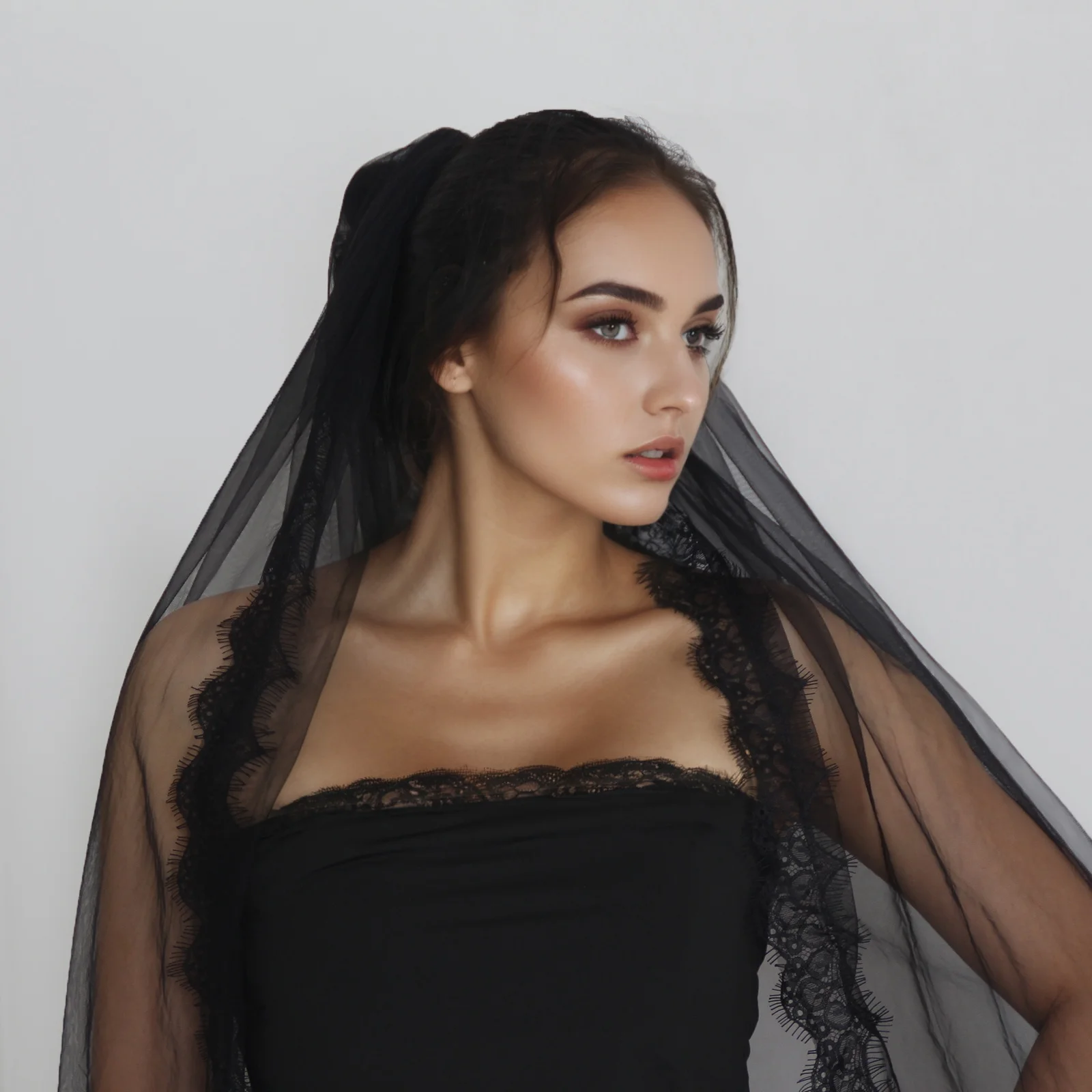 Elegant Gothic Black Bridal Veil with Eyelash Lace - Halloween and Wedding Accessory