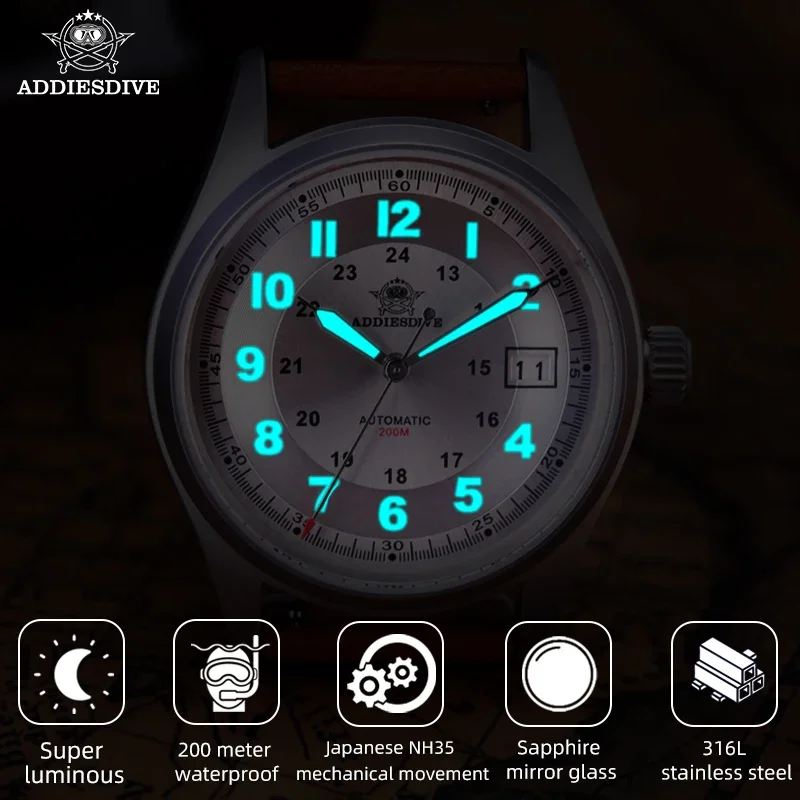 ADDIESDIVE Top Brand NH35A Mens Automatic Mechanical Watch Sapphire 200M Diving Watches Super Luminous Classic AD2048 Wristwatch