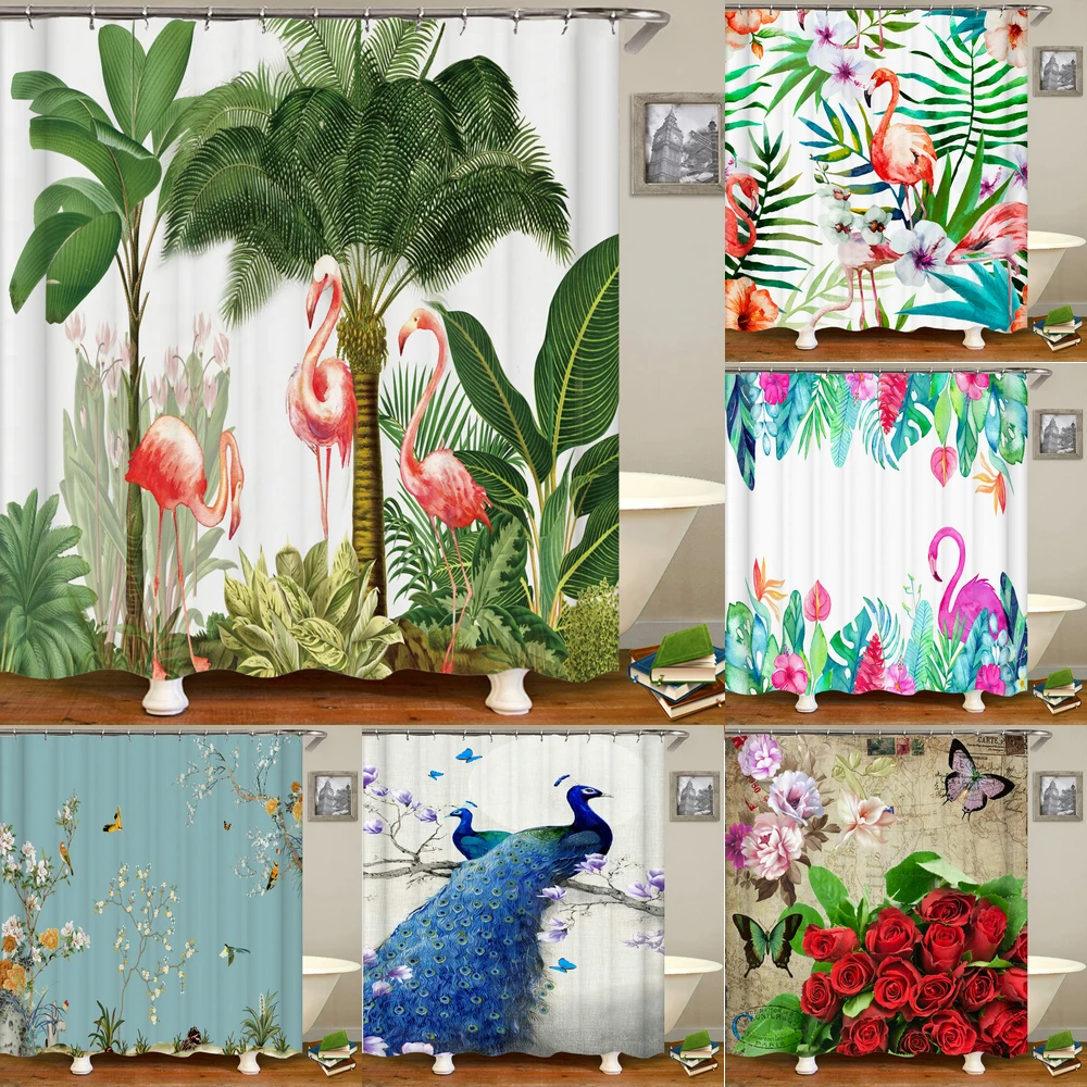 

Bathroom Decoration Shower Curtain Plant Flowers Birds Flamingo 3D Printed Bathroom Curtain Waterproof Shower Curtain with Hooks