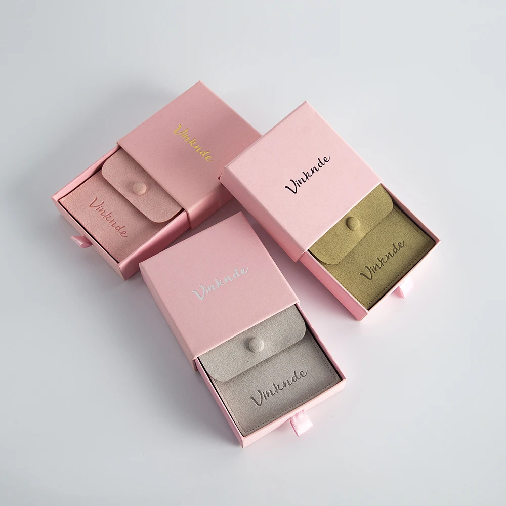 Thick Pink Paper 9x9x1.7cm Drawer Portable Jewelry Packaging Box and 8x8cm Necklace Bracelet Earring Microfiber Snap Button Bag