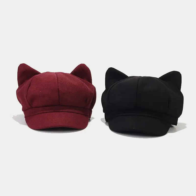 

Newsboy Cap Winter Women Cute Cat Ears Octagonal Hat Girls Retro Tweed Duck Tongue Solid Colour painter Free Shipping Peaked