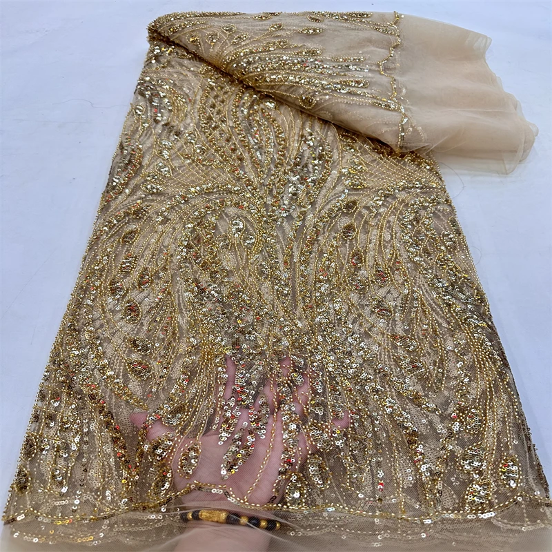 

Тяжелые блестки, кружевная ткань с бусинами, блестки для свадебного платья, роскошная женская французская кружевная ткань, 5 ярдов, кружево ручной работы